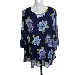 Catherines Top Flowy Lined 3/4 bell sleeve blue floral Women's 2X